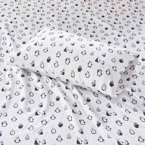 Intelligent Design Cozy Soft Cotton Flannel Printed Sheet Set in Blue Penguins, Full ID20-1759