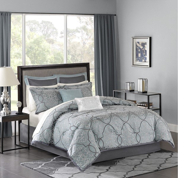 Madison Park Lavine 12 Piece Comforter Set with Cotton Bed Sheets in Blue, Cal King MP10-1667