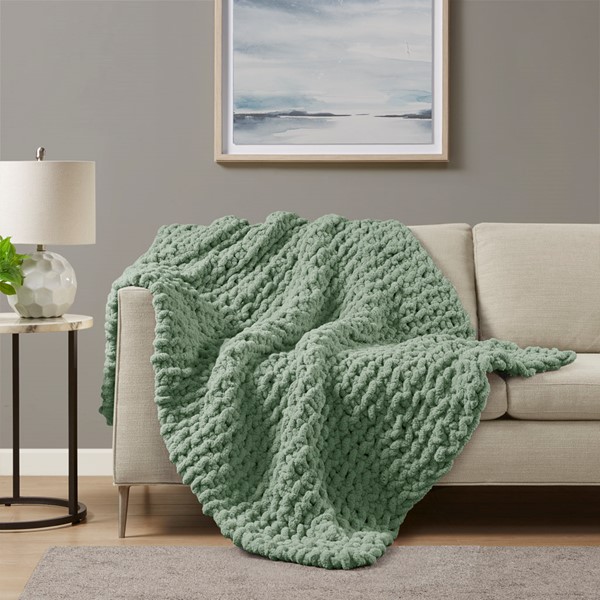 Madison Park Chenille Chunky Knit Throw in Sage Green, 50x60" MP50-8239