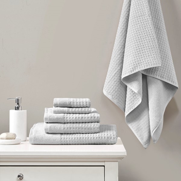 Madison Park Spa Waffle Cotton Jacquard Antimicrobial Bath Towel 6 Piece Set in Grey, 6-Piece MP73-5915