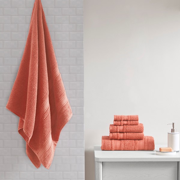 Madison Park Essentials Adrien Super Soft Cotton Quick Dry Bath Towel 6 Piece Set in Coral, 6-Piece MPE73-664