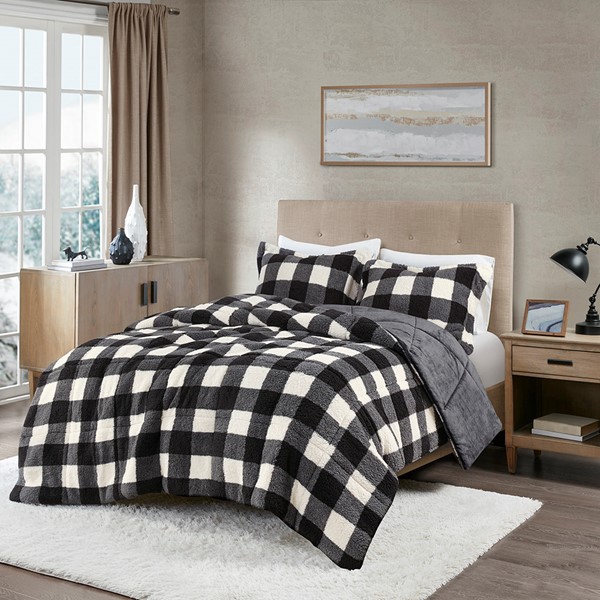 True North by Sleep Philosophy Brooks Sherpa Down Alternative Comforter Set in Ivory/Black, King TN10-0436