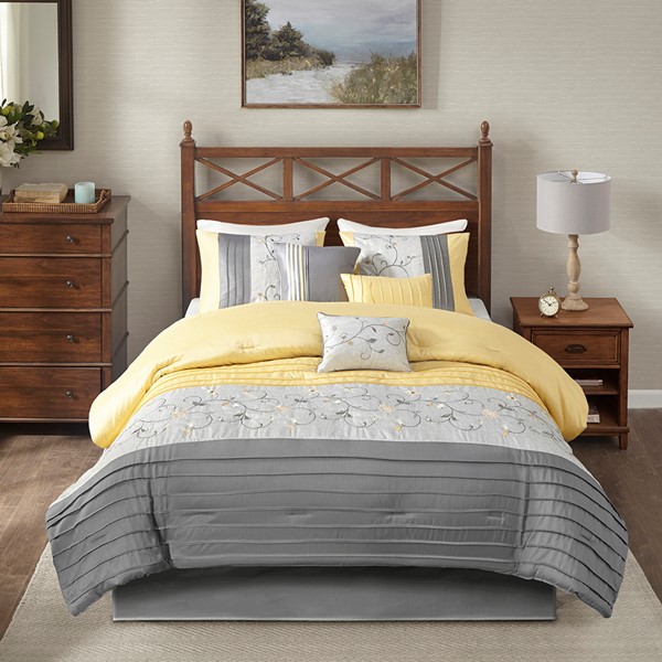 Madison Park Serene Embroidered 7 Piece Comforter Set in Yellow, Queen MP10-4185