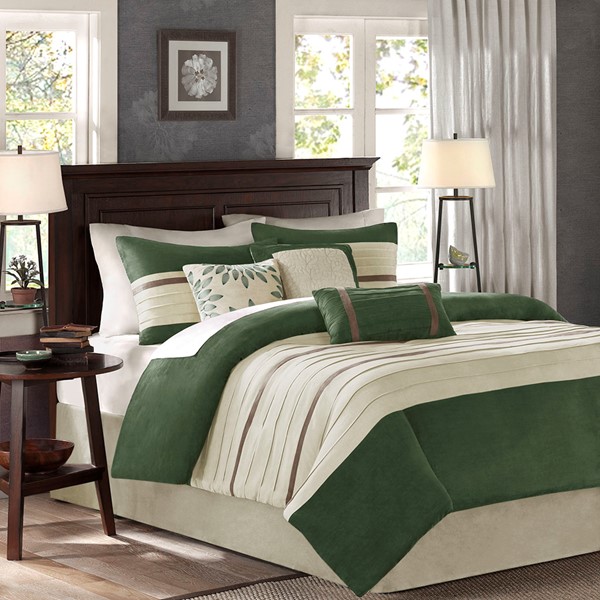 Madison Park Palmer 7 Piece Pieced Faux Suede Comforter Set in Green, King MP10-7489