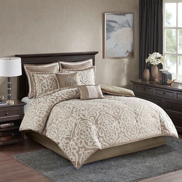 Madison Park Odette 8 Piece Jacquard Comforter Set in Tan/Ivory, Cal King MP10-6289