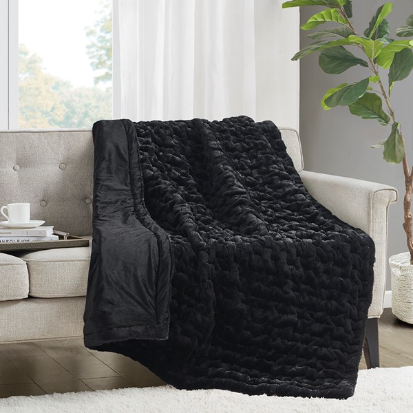 Madison Park Ruched Fur Throw in Black, 50x60" MP50-7821