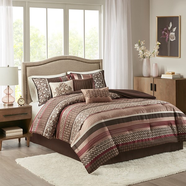 Madison Park Princeton 7 Piece Jacquard Comforter Set in Red, Queen MP10-697