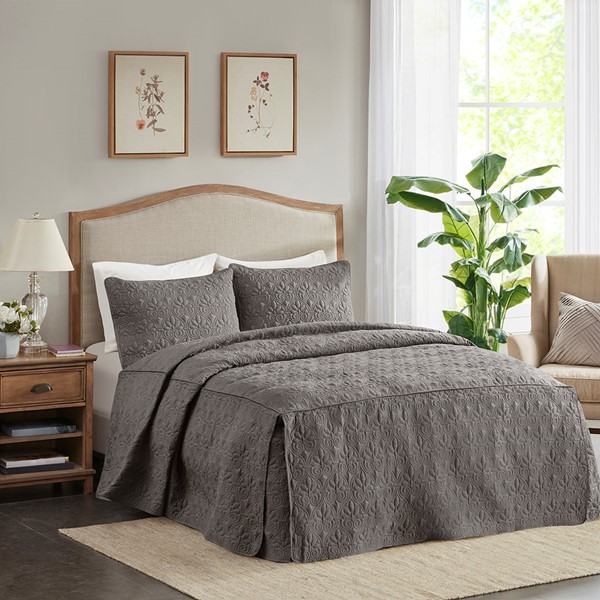 Madison Park Quebec 3 Piece Split Corner Pleated Quilted Bedspread in Dark Grey, King MP13-6475