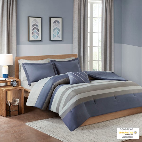 Intelligent Design Marsden Striped Comforter Set with Bed Sheets in Blue/Grey, Full ID10-1731