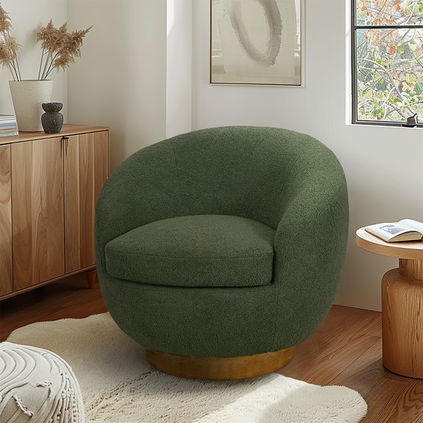 INK+IVY Jessel Shearling Sherpa Swivel Chair with Wood Base in Green II103-0579