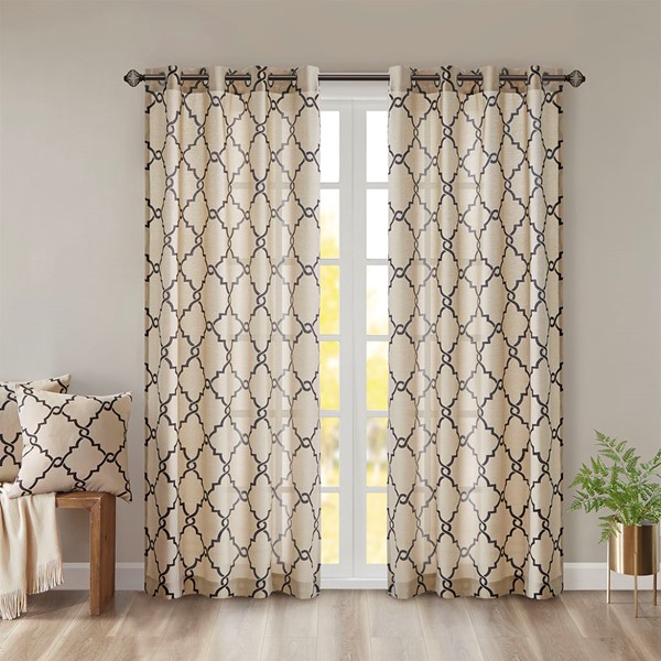 Madison Park Saratoga Fretwork Print Grommet Top Window Curtain Panel in Khaki/Black, 50x108" MP40-2410