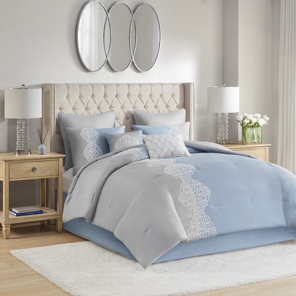 Madison Park Panache 8 Piece Embroidered Microfiber Comforter Set in Blue, King MP10-8141