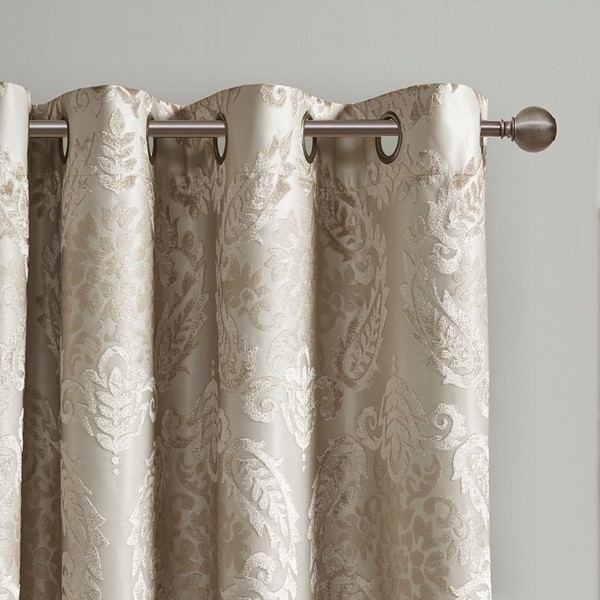 SunSmart Amelia Knitted Jacquard Paisley Total Blackout Grommet Top Curtain Panel in Champagne, 50x95" SS40-0204