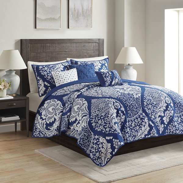 Madison Park Vienna 6 Piece Printed Cotton Quilt Set with Throw Pillows in Indigo, Full/Queen MP13-5578