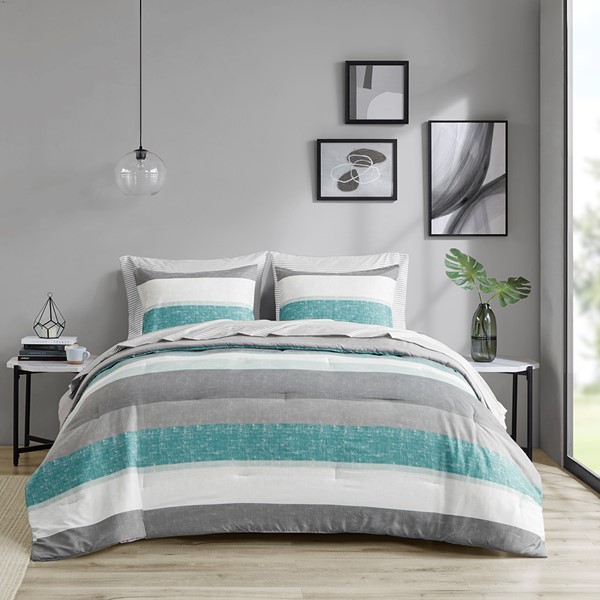 Madison Park Essentials Jaxon Stripe Comforter Set with Bed Sheets in Aqua/Grey, King MPE10-1034