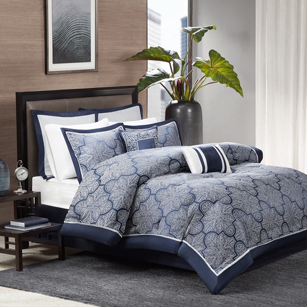 Madison Park Medina 8 Piece Jacquard Comforter Set in Navy, Queen MP10-1658