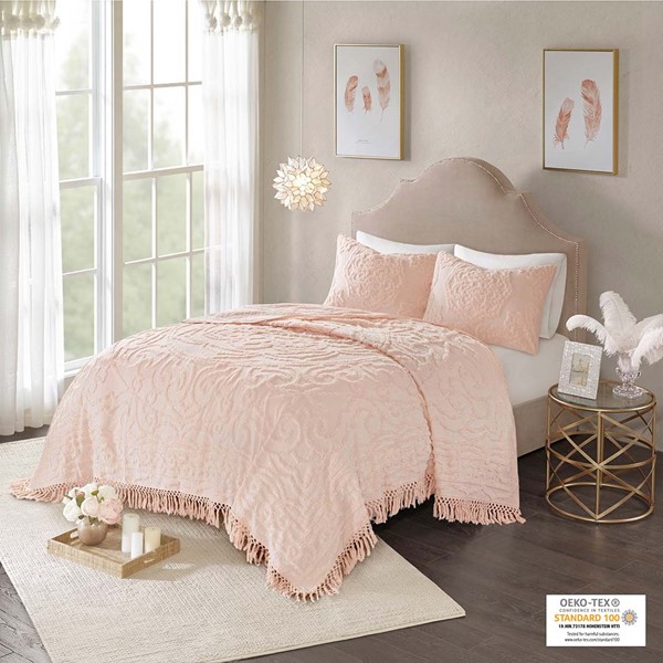 Madison Park Laetitia Tufted Cotton Chenille Medallion Fringe Coverlet Mini Set in Blush, King/Cal King MP13-5880