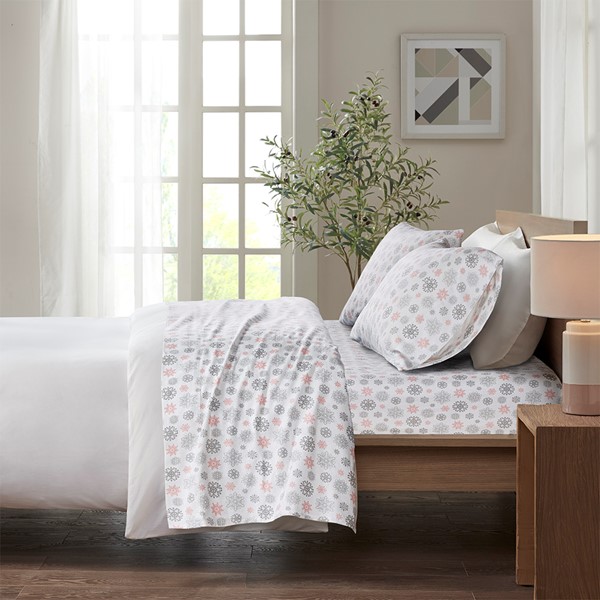 True North by Sleep Philosophy Cozy Cotton Flannel Printed Sheet Set in Pink/Grey Snowflakes, Full TN20-0067