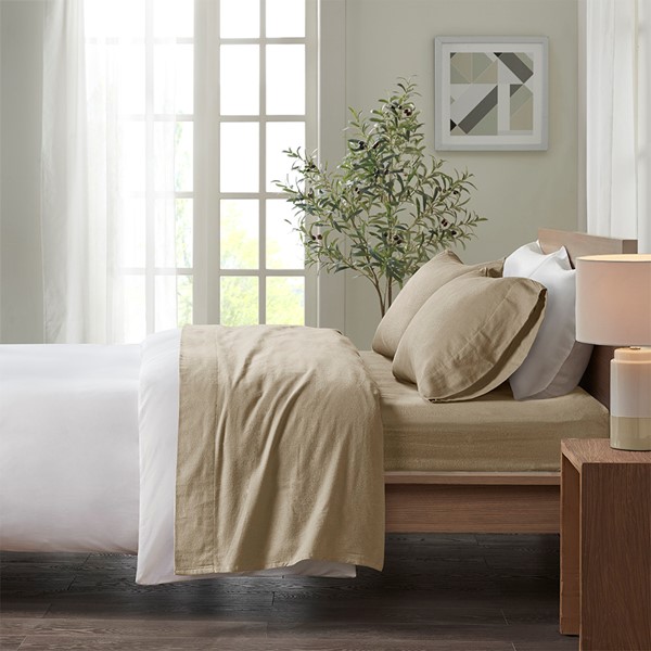 True North by Sleep Philosophy Cozy Cotton Flannel Printed Sheet Set in Tan Solid, Cal King TN20-0120