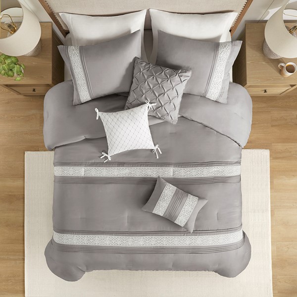 Madison Park Lacey 7 Piece Lace Trim Comforter Set with Throw Pillows in Grey, Cal King MP10-8345