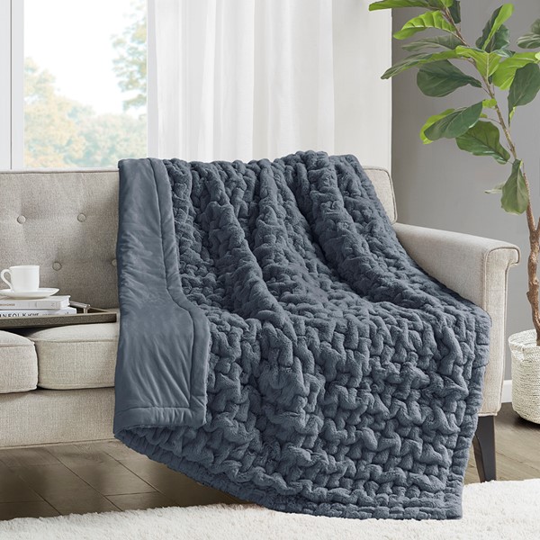 Madison Park Ruched Fur Throw in Slate Blue, 50x60" MP50-8107