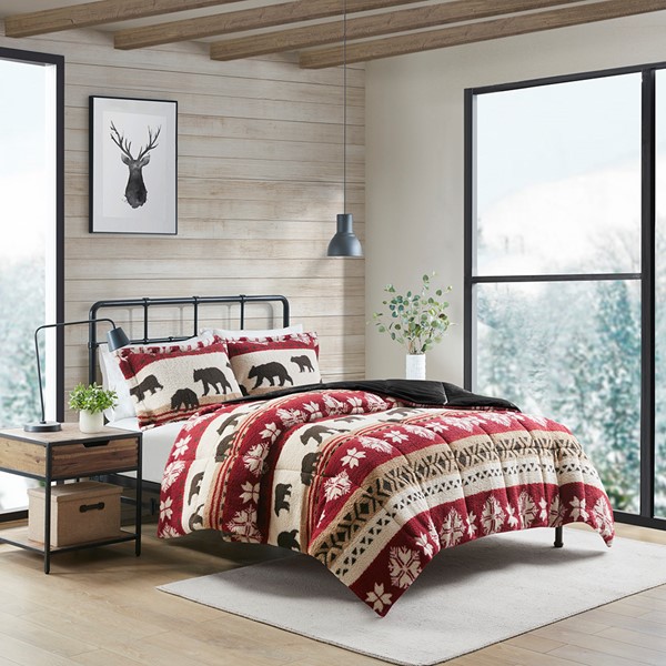 Woolrich Tunbridge Print Sherpa Comforter Set in Red/Black, Full/Queen WR10-3857