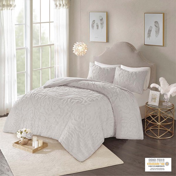 Madison Park Laetitia Tufted Cotton Chenille Medallion Comforter Set in Grey, Full/Queen MP10-5881