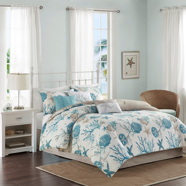 Madison Park Pebble Beach 7 Piece Cotton Sateen Comforter Set in Aqua, Queen MP10-8072