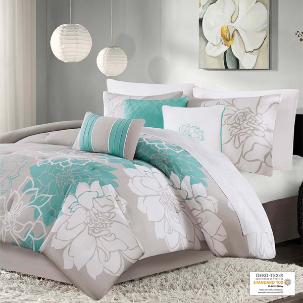 Madison Park Lola Printed Cotton Sateen Comforter Set in Aqua, Queen MP10-2639