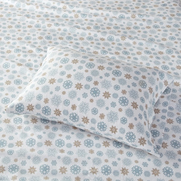 True North by Sleep Philosophy Cozy Cotton Flannel Printed Sheet Set in Tan/Blue Snowflakes, Queen TN20-0063