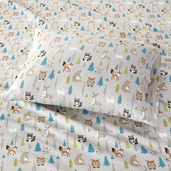 True North by Sleep Philosophy Cozy Cotton Flannel Printed Sheet Set in Multi Forest Animals, Twin XL TN20-0270