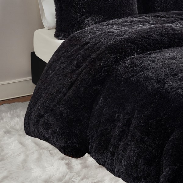 Intelligent Design Malea Shaggy Fur Duvet Cover Set in Black, King ID12-2041