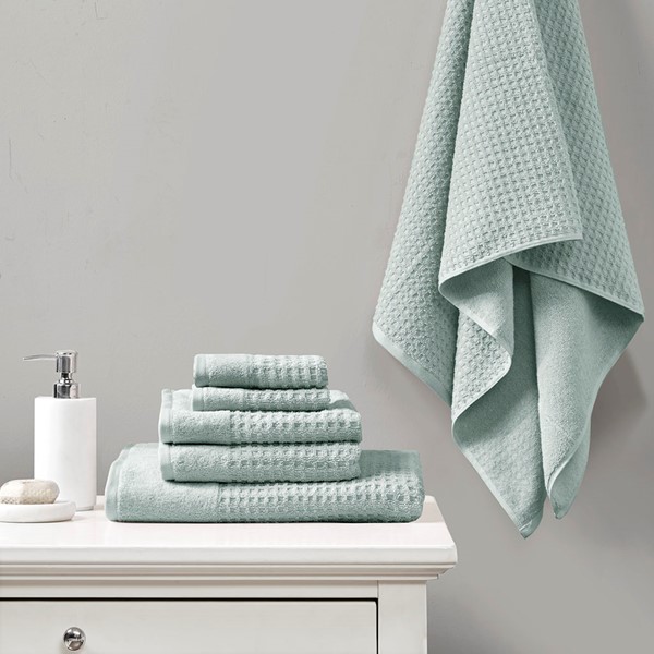 Madison Park Spa Waffle Cotton Jacquard Antimicrobial Bath Towel 6 Piece Set in Seafoam, 6-Piece MP73-5912