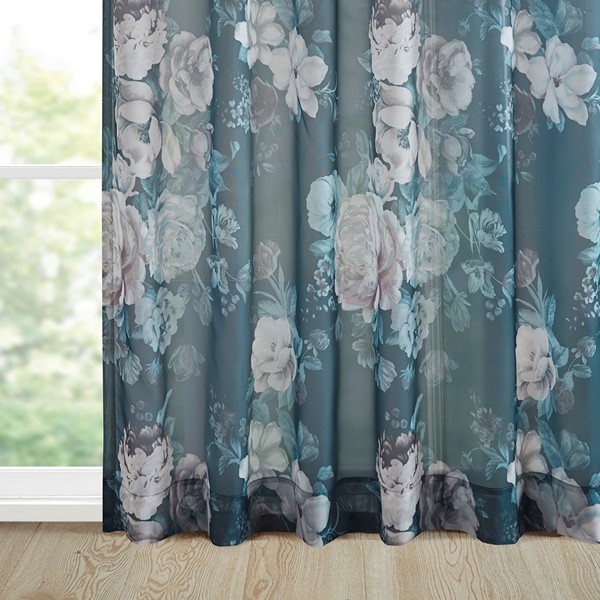 Madison Park Simone Printed Floral Rod Pocket and Back Tab Voile Sheer Curtain in Navy, 50x95" MP40-6623