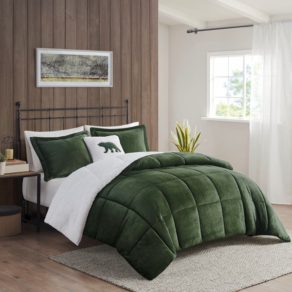 Woolrich Alton Plush to Sherpa Down Alternative Comforter Set in Green/Ivory, King WR10-3887