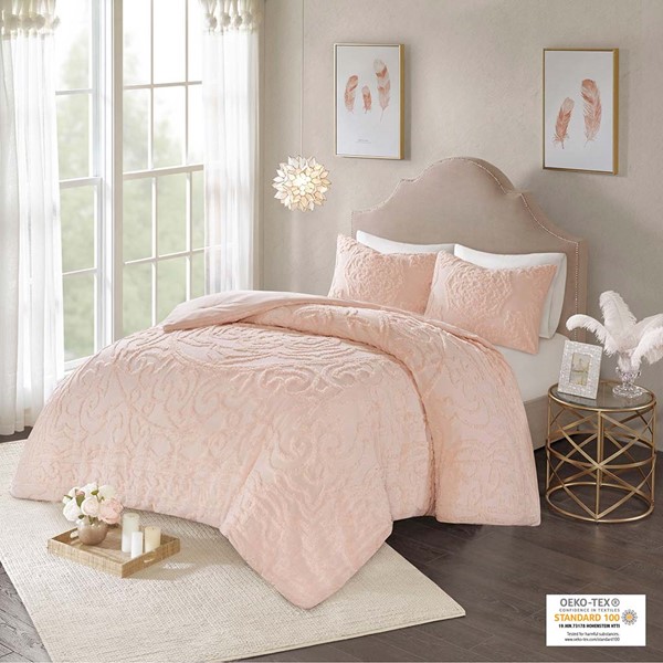 Madison Park Laetitia Tufted Cotton Chenille Medallion Comforter Set in Blush, Full/Queen MP10-5877