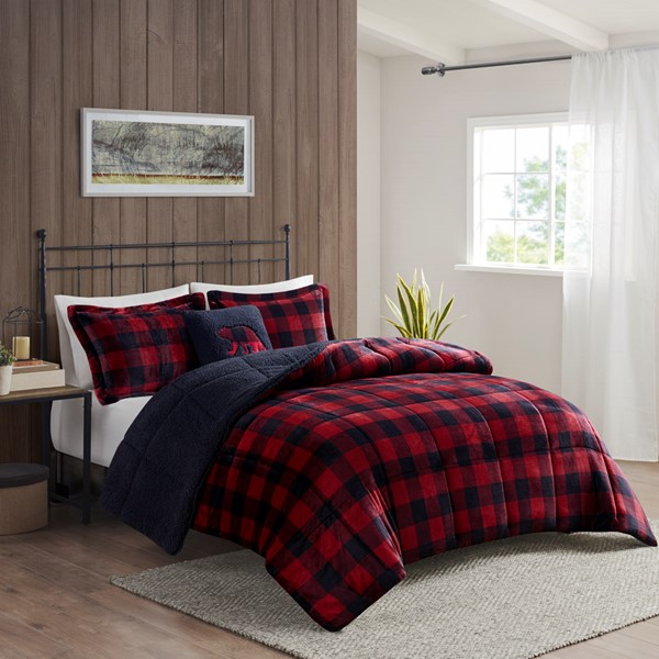 Woolrich Alton Plush to Sherpa Down Alternative Comforter Set in Red/Black Buffalo Check, Full/Queen WR10-3099