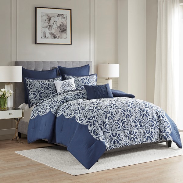 Madison Park Rana 7 Piece Flocking Comforter Set with Euro Shams and Throw Pillows in Navy, Full/Queen MP10-8209