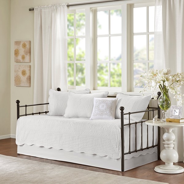 Madison Park Tuscany 6 Piece Reversible Scalloped Edge Daybed Cover Set in White, Daybed MP13-5023