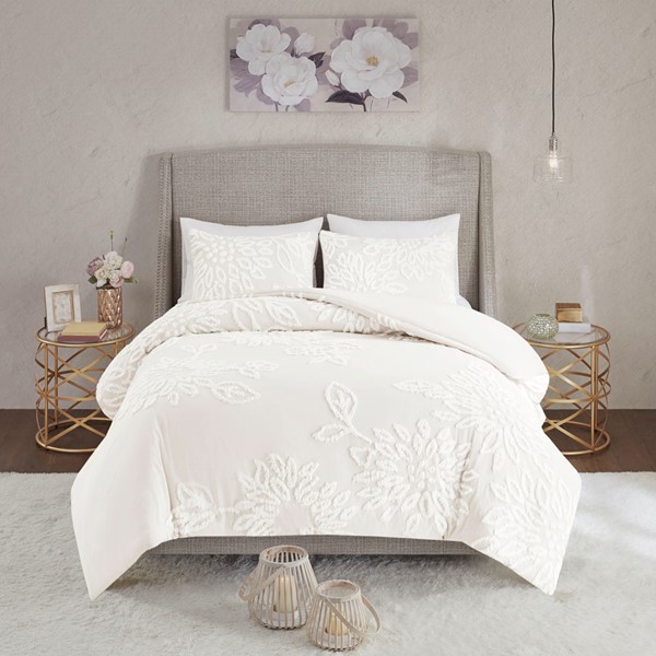 Madison Park Veronica 3 Piece Tufted Cotton Chenille Floral Comforter Set in Off-White, Full/Queen MP10-7823