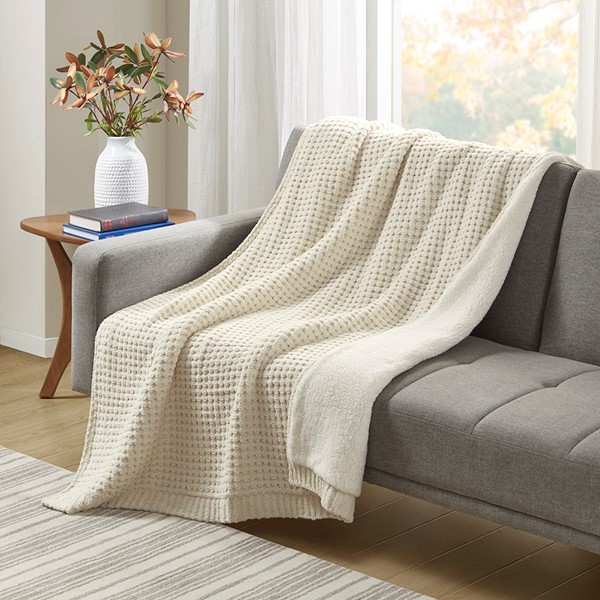 Madison Park Rowan Waffle Knit Chenille Throw in Ivory, 50x60" MP50-8271