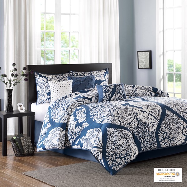 Madison Park Vienna 7 Piece Cotton Printed Comforter Set in Indigo, King MP10-3830