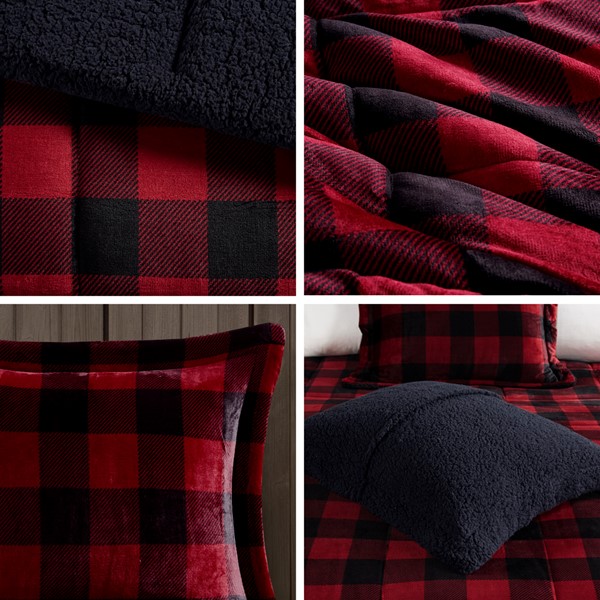 Woolrich Alton Plush to Sherpa Down Alternative Comforter Set in Red/Black Buffalo Check, Full/Queen WR10-3099