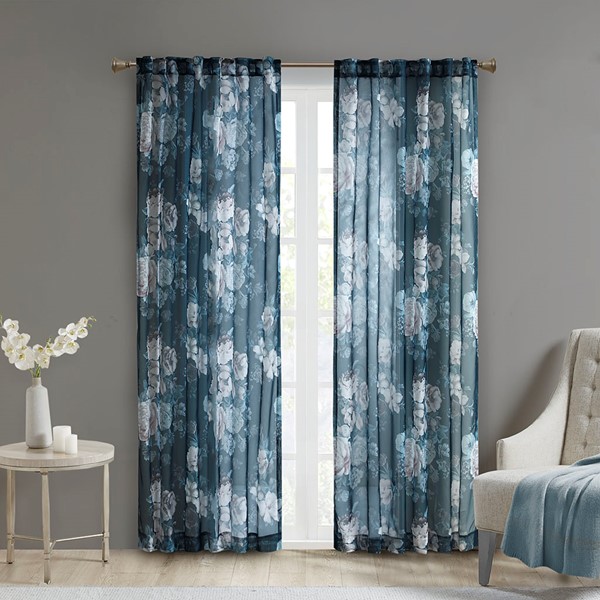 Madison Park Simone Printed Floral Rod Pocket and Back Tab Voile Sheer Curtain in Navy, 50x95" MP40-6623