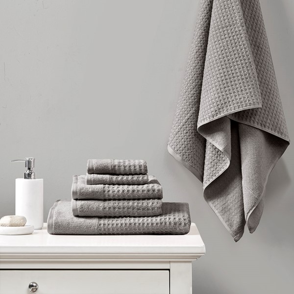 Madison Park Spa Waffle Cotton Jacquard Antimicrobial Bath Towel 6 Piece Set in Charcoal, 6-Piece MP73-7179