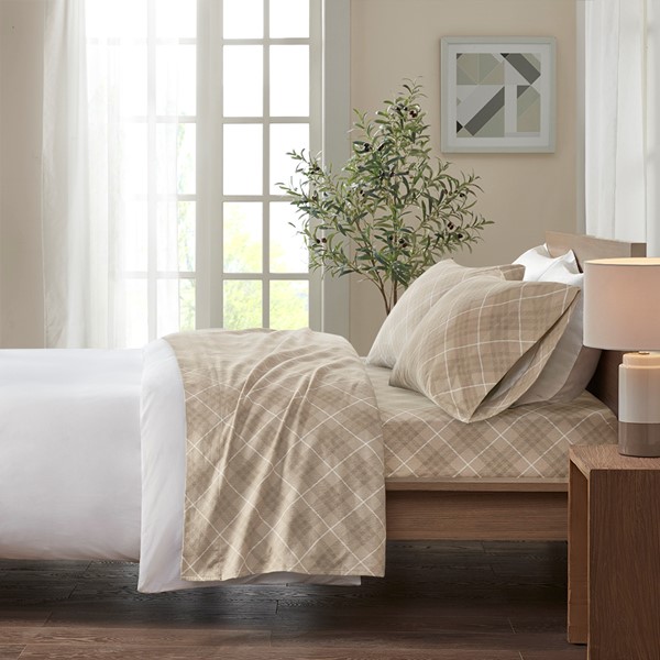 True North by Sleep Philosophy Cozy Cotton Flannel Printed Sheet Set in Tan Plaid, Full TN20-0072