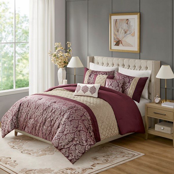 Madison Park Lily 6 Piece Jacquard Comforter Set with Throw Pillows in Plum, Full/Queen MP10-8408