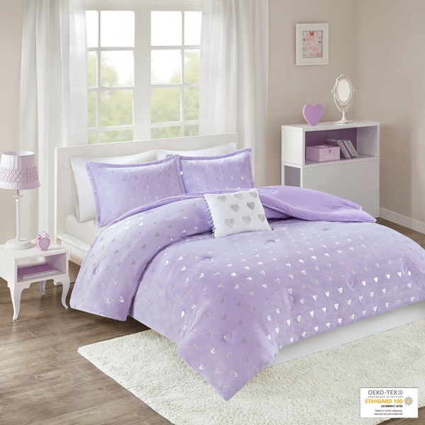 Mi Zone Rosalie Metallic Printed Plush Comforter Set with Throw Pillow in Purple/Silver, Full/Queen MZ10-0574