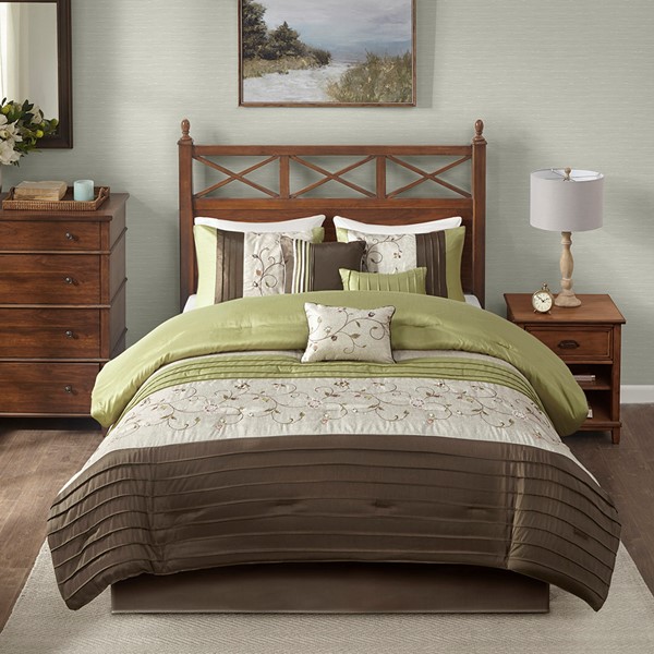 Madison Park Serene Embroidered 7 Piece Comforter Set in Green, King MP10-637