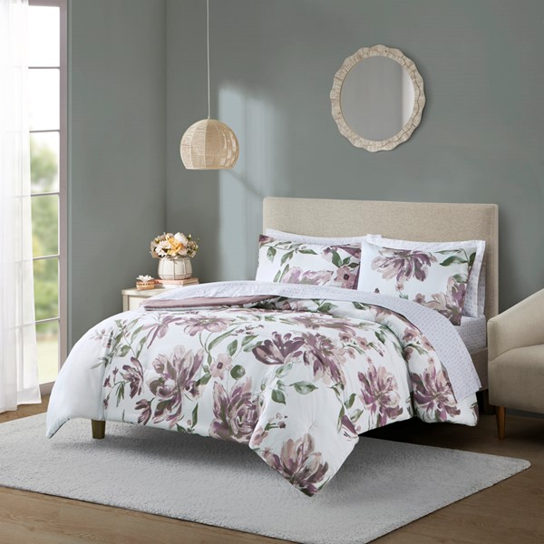 Madison Park Essentials Alice Floral Comforter Set with Bed Sheets in Mauve, Cal King MPE10-1022